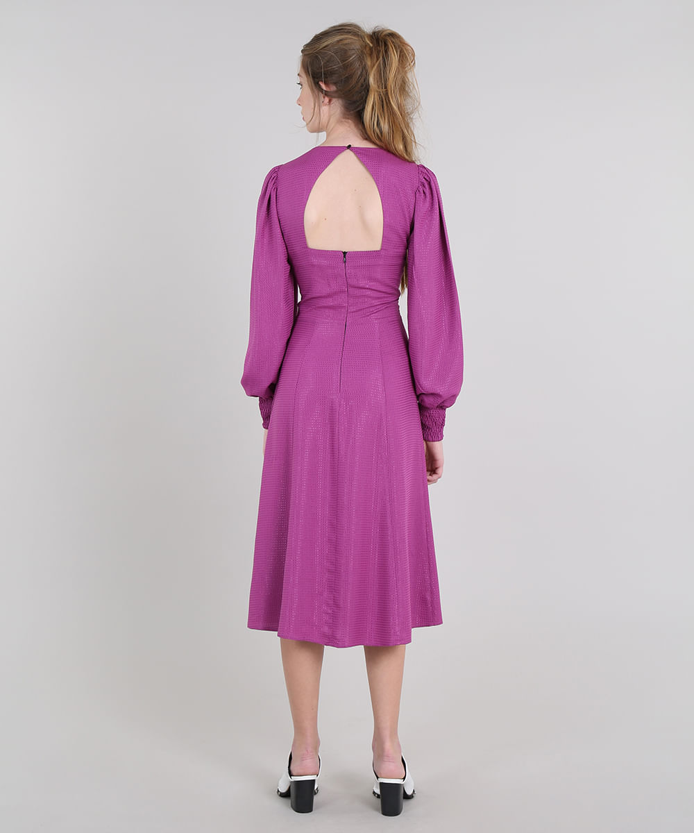 Vestido Feminino Midi Mindset com Brilho Manga Longa Roxo