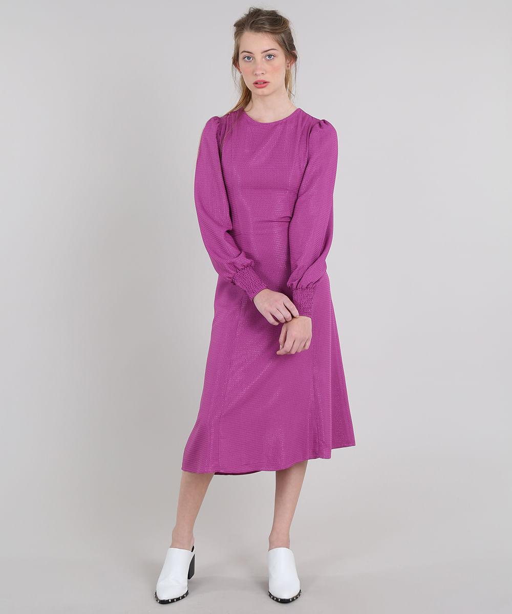 Vestido Feminino Midi Mindset com Brilho Manga Longa Roxo