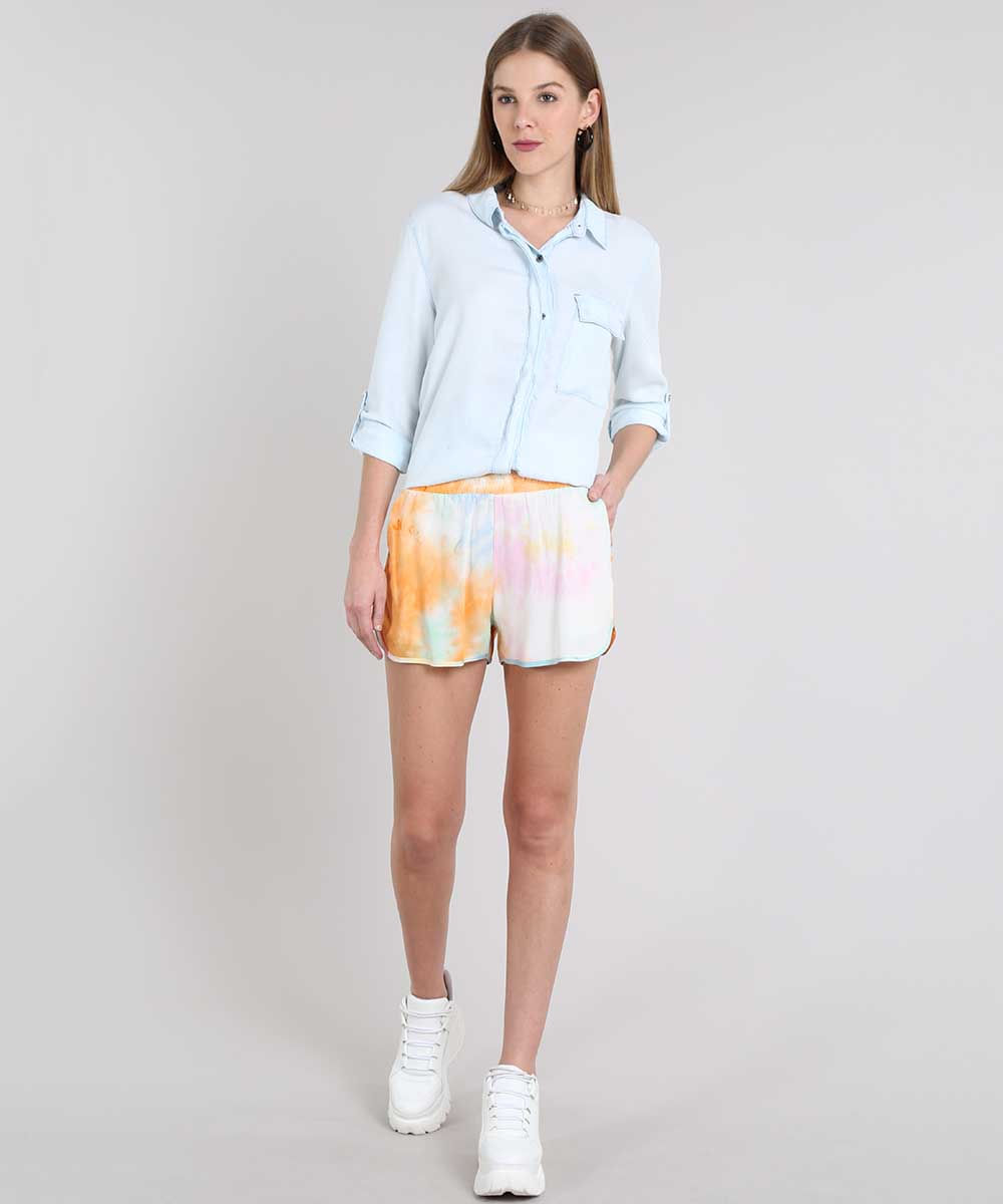 Short Feminino Estampado Tie Dye com Bolsos Multicor