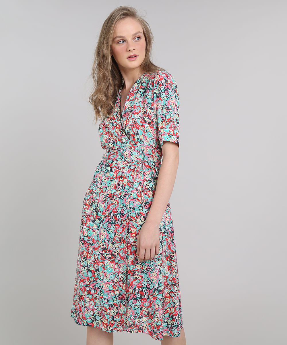 Vestido Feminino Mindset Envelope Estampado Floral Manga Curta Rosa