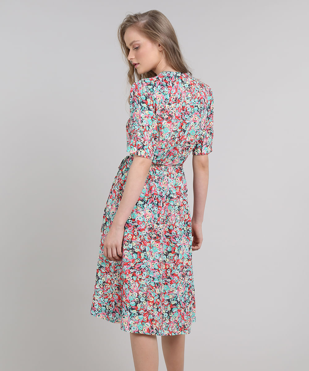 Vestido Feminino Mindset Envelope Estampado Floral Manga Curta Rosa