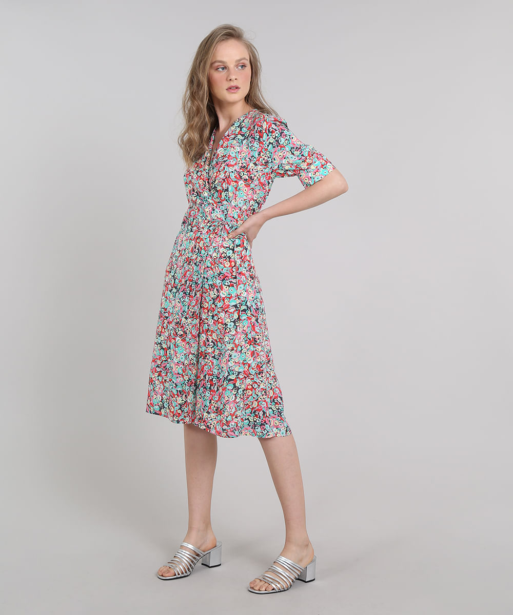 Vestido Feminino Mindset Envelope Estampado Floral Manga Curta Rosa