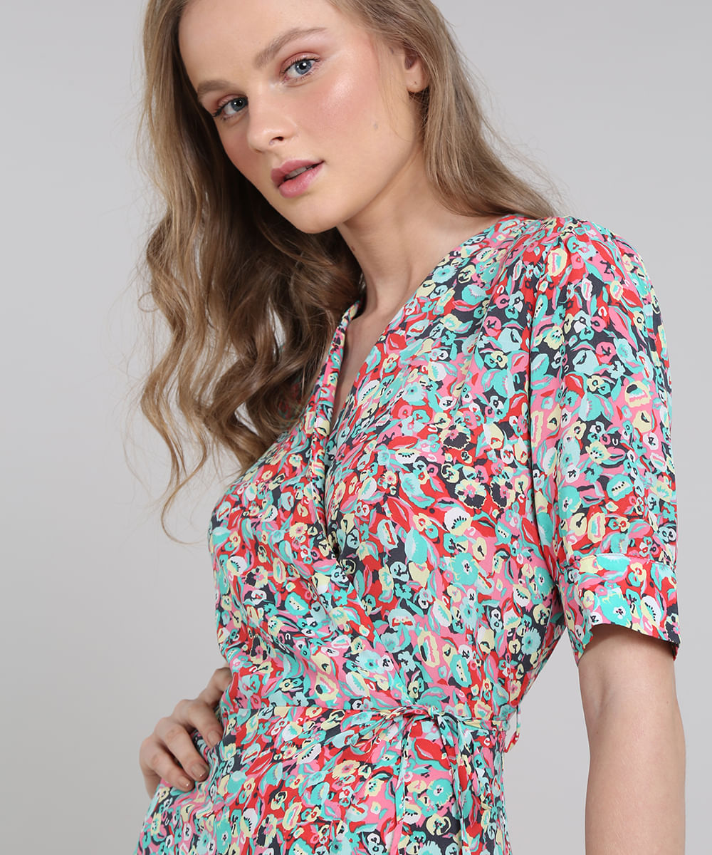 Vestido Feminino Mindset Envelope Estampado Floral Manga Curta Rosa