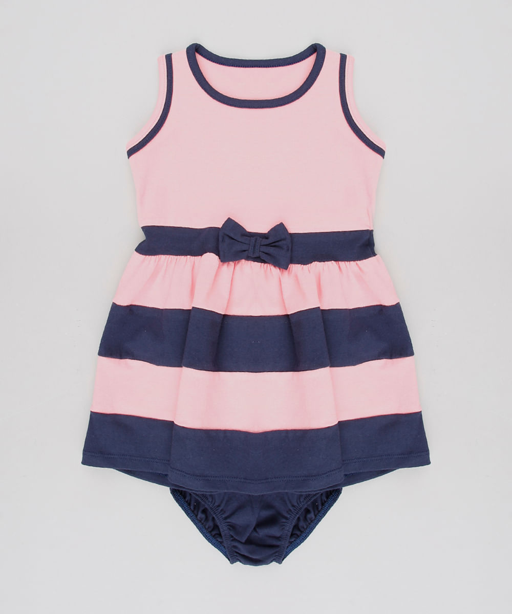 Vestido-Infantil-com-Laco-e-Listras-Sem-Manga-Decote-Redondo---Calcinha-Rosa-9579054-Rosa_1