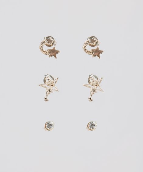 Kit de 3 Brincos Femininos Folheados Dourado