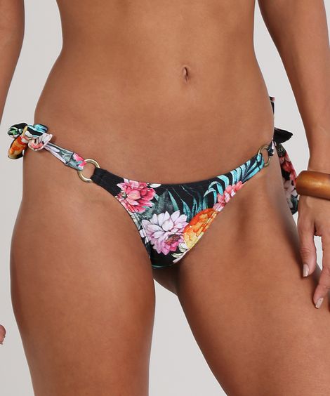 Biquíni Calcinha Tanga Estampado Floral com Proteção UV50+  Preto