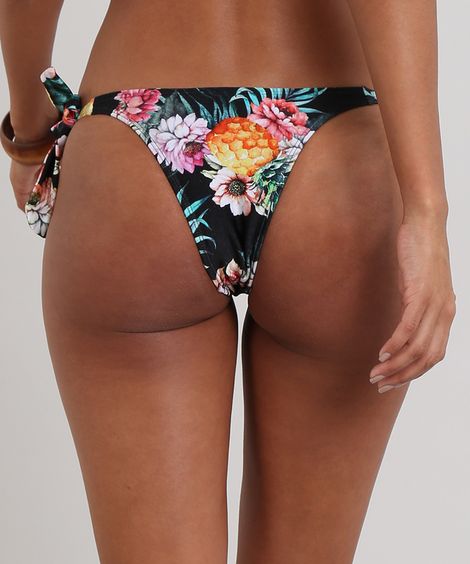 Biquíni Calcinha Tanga Estampado Floral com Proteção UV50+  Preto