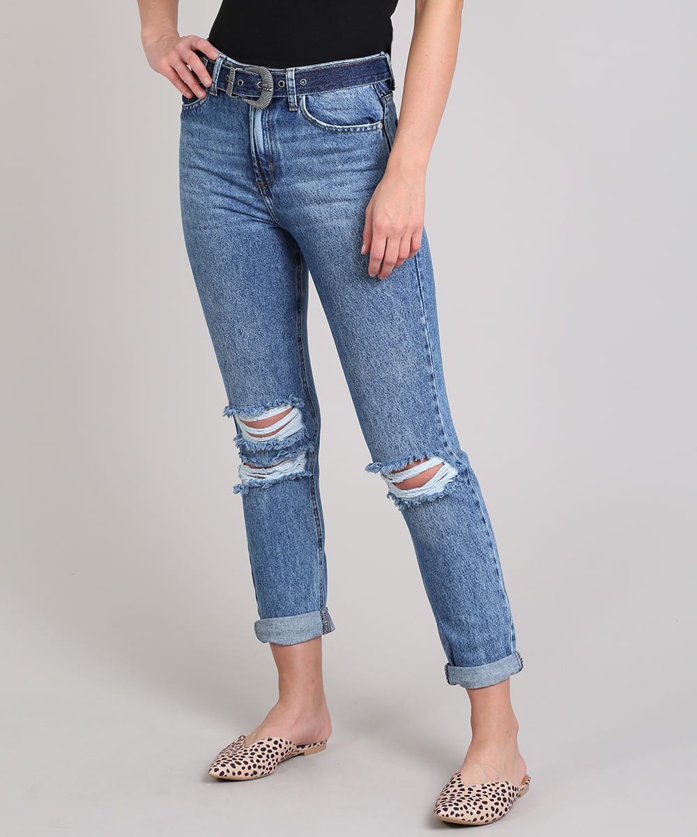 Calca-Jeans-Feminina-Mom-com-Rasgos-e-Cinto-Azul-Escuro-9666356-Azul_Escuro_1