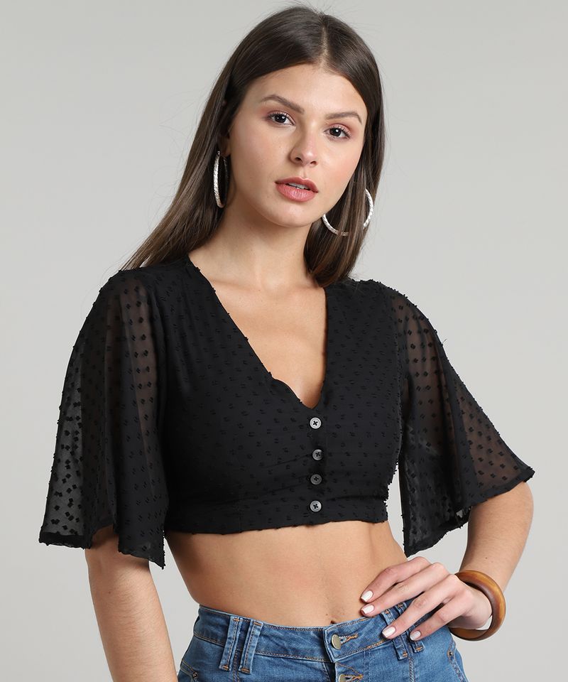 Camisa-Feminina-Cropped-Texturizada-Manga-Curta-Preta-9612678-Preto_1
