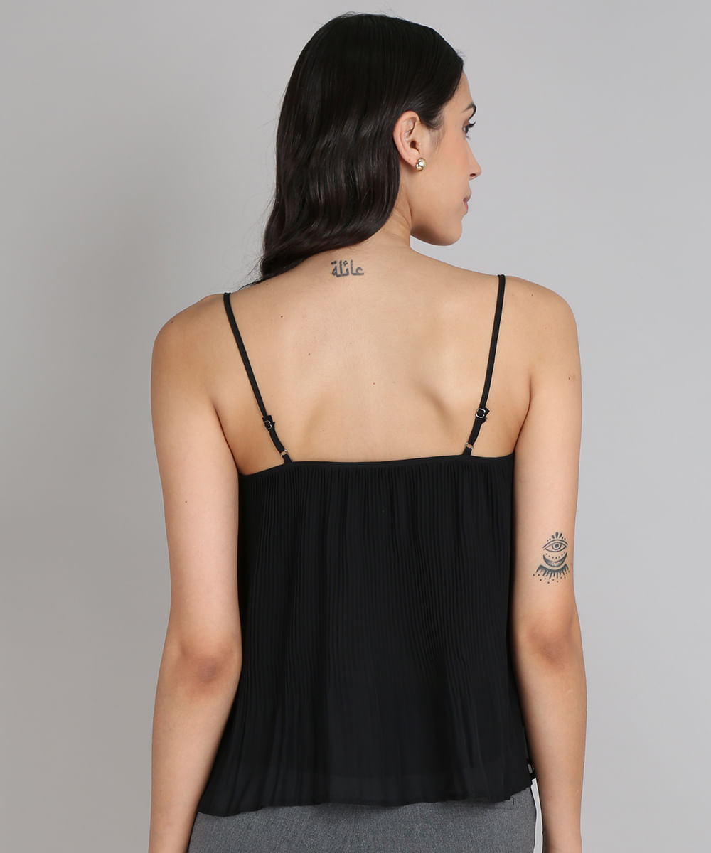 Regata Feminina Plissada com Renda Decote V Preta