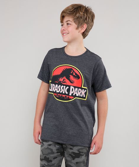 Camiseta Juvenil Jurassic Park Manga Curta Gola Careca  Cinza Mescla Escuro