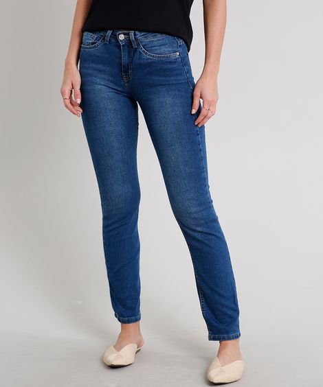 Calça Jeans Feminina Reta com Bolsos Azul Escuro