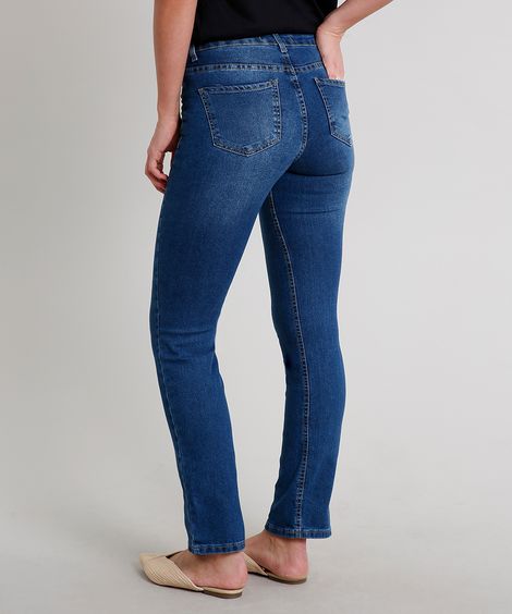 Calça Jeans Feminina Reta com Bolsos Azul Escuro