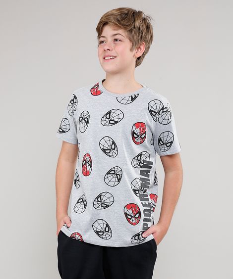 Camiseta Juvenil Estampada Homem Aranha Manga Curta Cinza Mescla