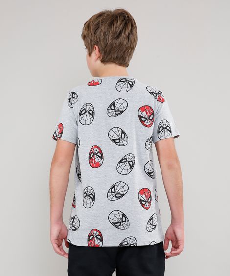 Camiseta Juvenil Estampada Homem Aranha Manga Curta Cinza Mescla