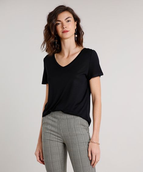 Blusa Feminina Ampla Básica Manga Curta Decote V  Preta