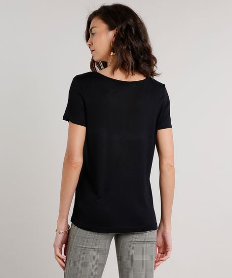 Blusa Feminina Ampla Básica Manga Curta Decote V  Preta