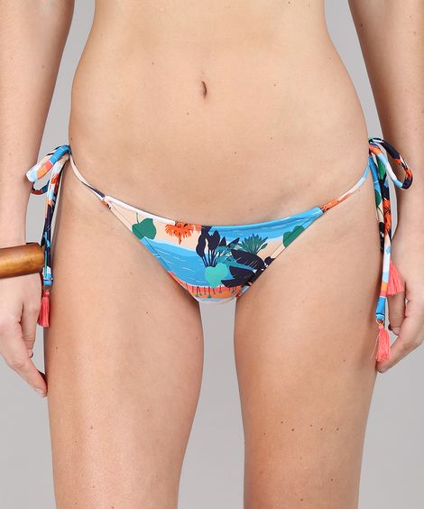 Biquíni Calcinha Tanga Estampado Praia com Tassel Proteção UV50+ Azul