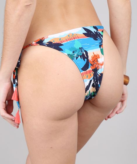 Biquíni Calcinha Tanga Estampado Praia com Tassel Proteção UV50+ Azul