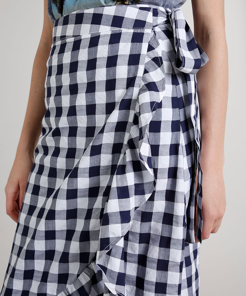 Saia Feminina Envelope Midi Mindset Estampada Vichy Azul