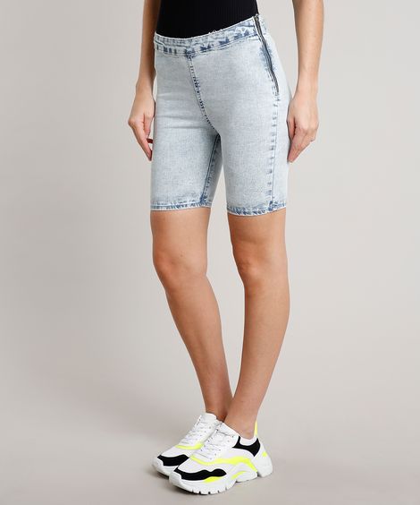 Bermuda Jeans Feminina Ciclista com Zíper Azul Claro