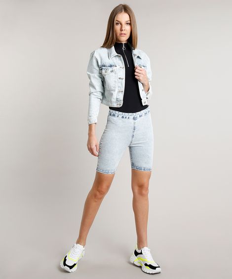 Bermuda Jeans Feminina Ciclista com Zíper Azul Claro