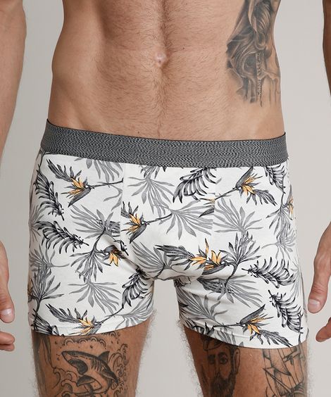 Cueca Boxer Masculina Estampada de Folhagem Off White