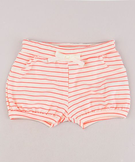 Short Infantil Balonê Listrado Neon com Laço Off White