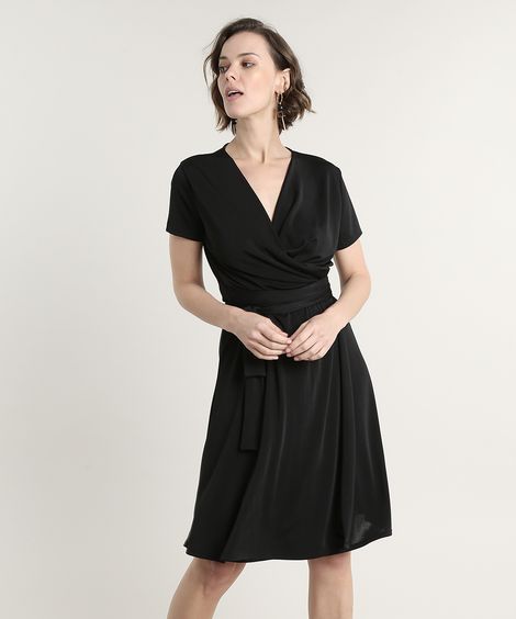 Vestido Feminino Curto Transpassado com Faixa para Amarrar Manga Curta Preto
