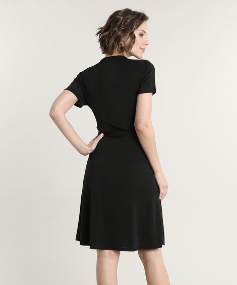 Vestido Feminino Curto Transpassado com Faixa para Amarrar Manga Curta Preto