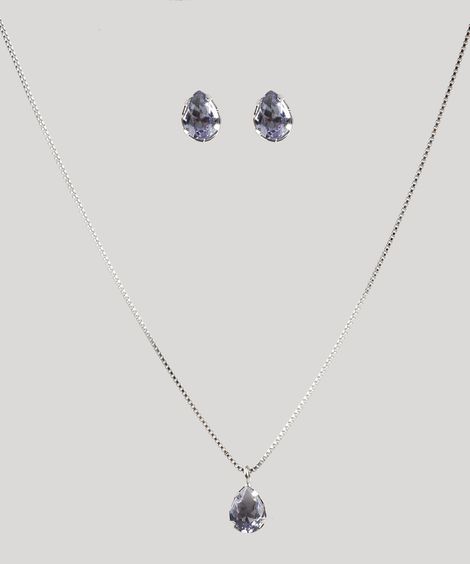 Kit de Brinco + Colar Folheados Feminino com Pedra Zircônia Prateado