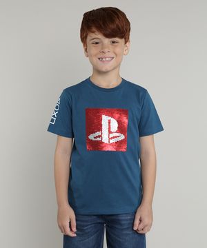 Camiseta Infantil Playstation com Paetê Vai e Vem Manga Curta Azul
