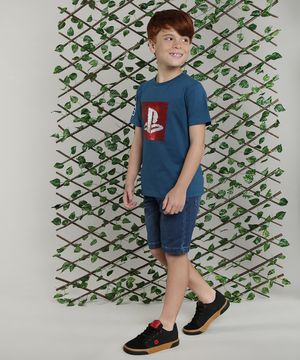 Camiseta Infantil Playstation com Paetê Vai e Vem Manga Curta Azul