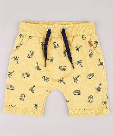 Bermuda Infantil Estampada Tropical em Moletom Amarela