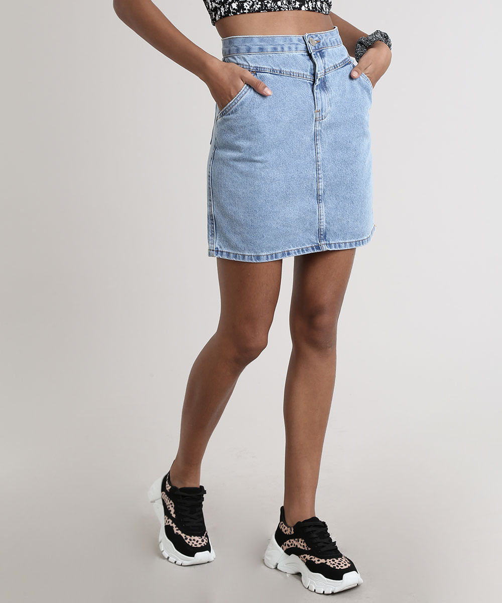 Saia Jeans Feminina Curta com Recorte Azul Médio Menor preço em Saia Jeans Feminina Curta com Recorte Azul Médio