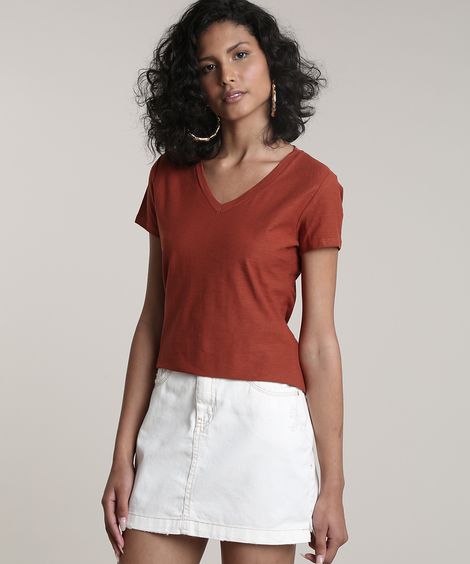 Camiseta Flamê de Algodão Básica Manga Curta Decote V Cobre