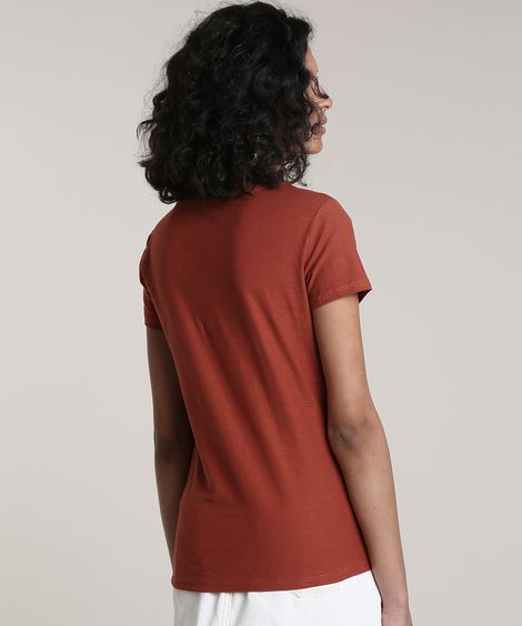 Camiseta Flamê de Algodão Básica Manga Curta Decote V Cobre