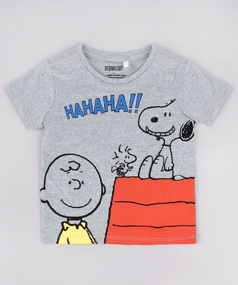 Camiseta Infantil Snoopy Manga Curta Cinza Mescla