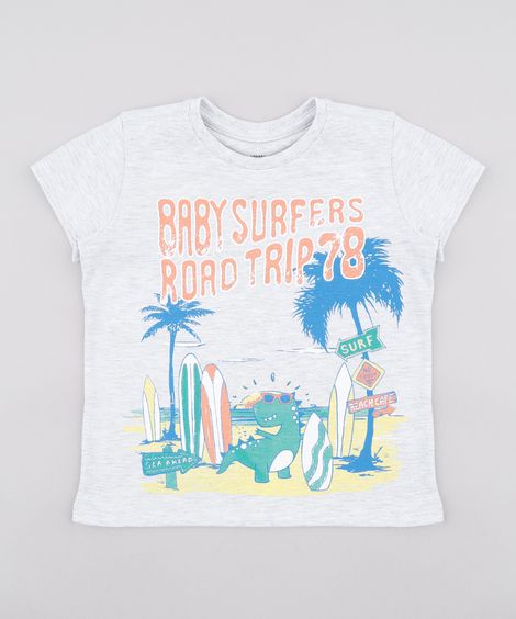 Camiseta Infantil Dinossauro Tropical Manga Curta Cinza Mescla Claro