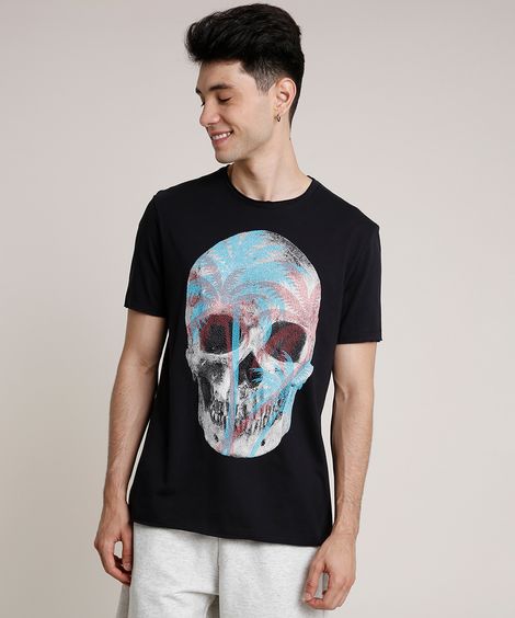 Camiseta Masculina Caveira Tropical Manga Curta Gola Careca Preta
