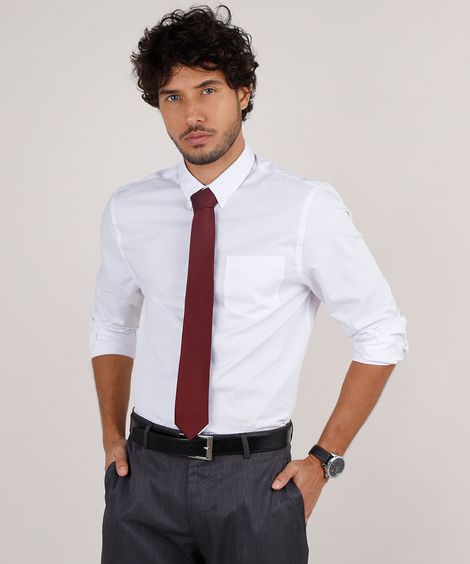 Kit de Camisa Masculina Social Comfort Manga Longa + Gravata em Jacquard Branca