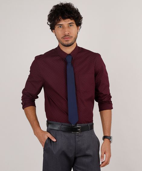 Kit de Camisa Masculina Social Comfort Estampada de Poá Manga Longa + Gravata em Jacquard Vinho