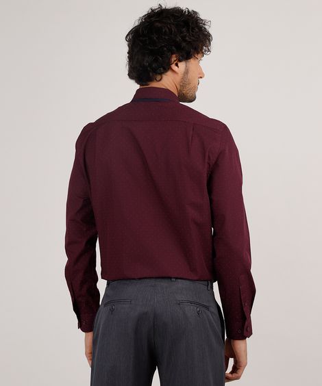 Kit de Camisa Masculina Social Comfort Estampada de Poá Manga Longa + Gravata em Jacquard Vinho