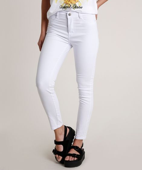 Calça de Sarja Feminina Sawary Skinny Pull Up Cintura Super Alta Branca