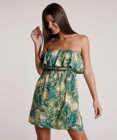 Vestido Feminino Curto Ciganinha Estampado de Folhagem Manga Curta Rosa Claro
