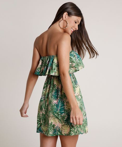 Vestido Feminino Curto Ciganinha Estampado de Folhagem Manga Curta Rosa Claro