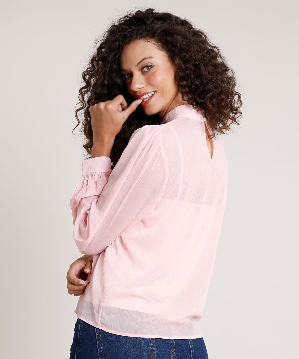 Blusa Feminina Mindset com Transparência e Brilho Manga Longa Decote Redondo Rosa