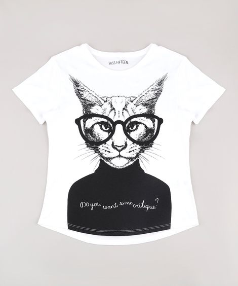 Blusa Juvenil Gato com Óculos Manga Curta Branca
