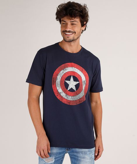 Camiseta Masculina Tal Pai Tal Filho Capitão América Manga Curta Gola Careca Azul Marinho