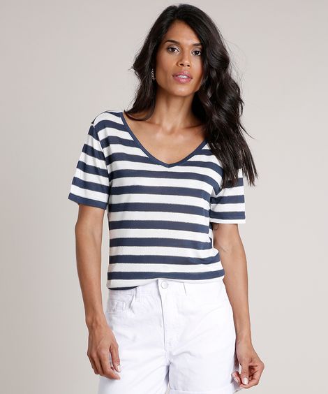 Blusa Feminina Listrada com Lurex Manga Curta Decote V Azul Marinho